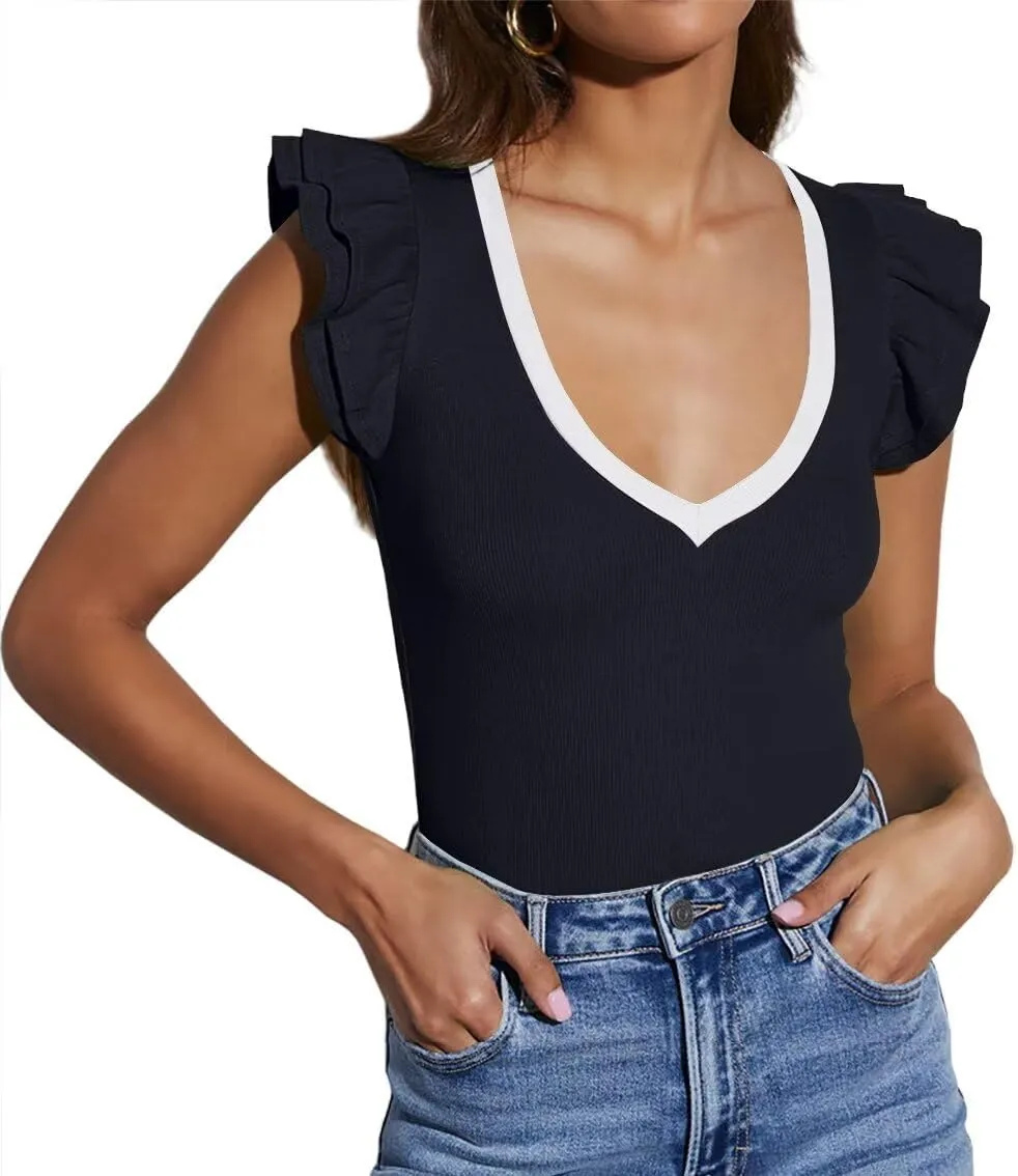 Ezbelle Women's Summer Sleeveless Tops V Neck Ruffle Shirts Ribbed Knit Tank Top Sexy Blouse Ladies Clothes 2025