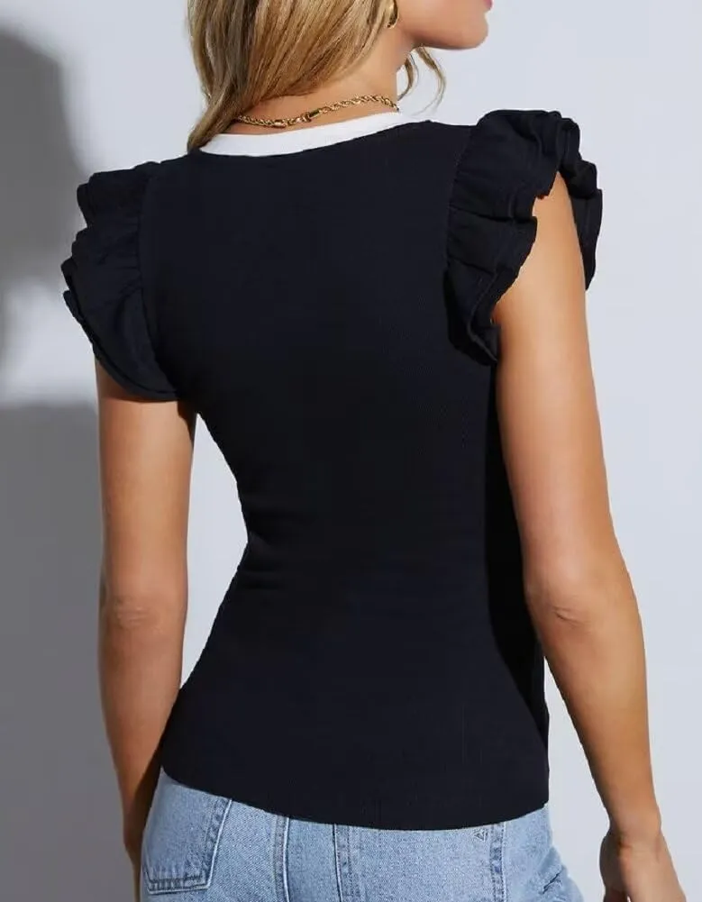 Ezbelle Women's Summer Sleeveless Tops V Neck Ruffle Shirts Ribbed Knit Tank Top Sexy Blouse Ladies Clothes 2025
