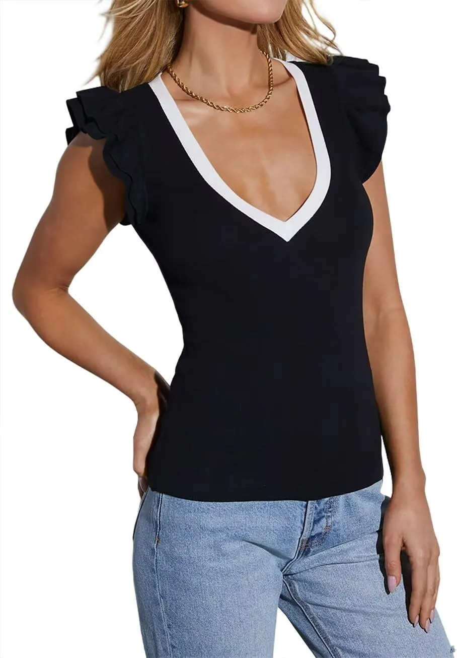 Ezbelle Women's Summer Sleeveless Tops V Neck Ruffle Shirts Ribbed Knit Tank Top Sexy Blouse Ladies Clothes 2025