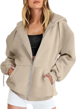 Fall Hoodies Jackets for Women Oversized Preppy Full Zip Up Drawstring Hooded Coats Fashion Solid Color Chunky Hoodie