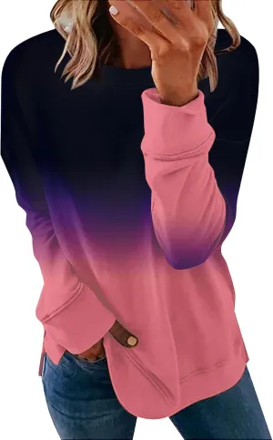 Fall Neon Gradient Women Sweat Shirts Casual Crew Neck Sweatshirts Loose Oversized Long Sleeve Pullover Tops