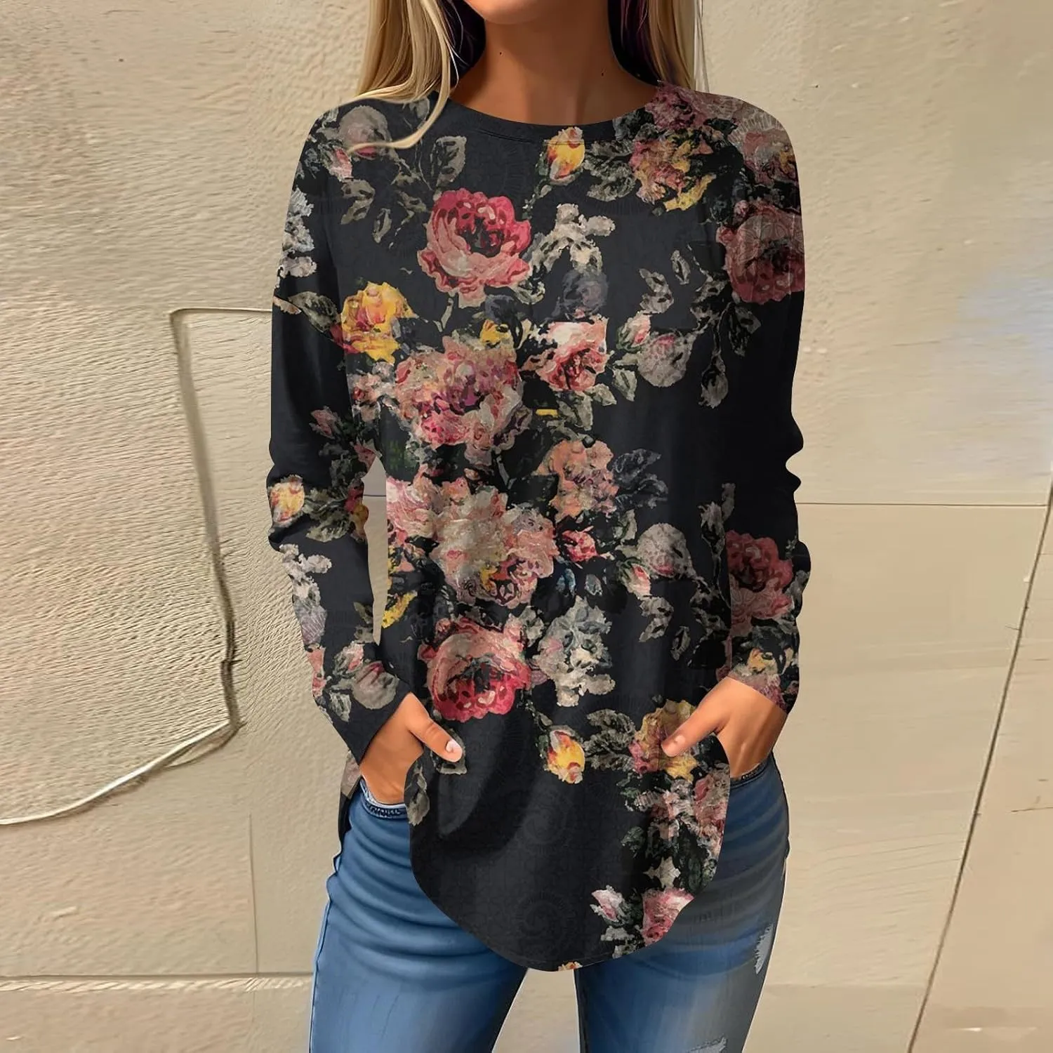 Fall Tops for Women Long Sleeve Round Neck Shirts Basic Tee Casual Top Fall Trendy Tunic Outfits Fitted T Shirts