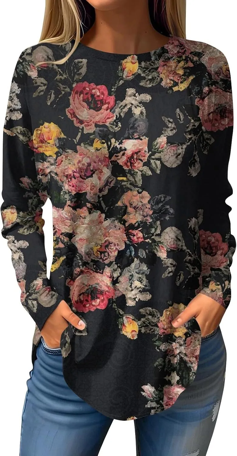 Fall Tops for Women Long Sleeve Round Neck Shirts Basic Tee Casual Top Fall Trendy Tunic Outfits Fitted T Shirts