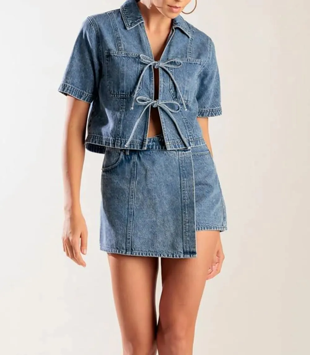 Faretumiya 2 Piece Denim Skirt Set Women Short Sleeve Vneck Crop Shirt High Waist Mini Skirt Jean Skort Set Going Out Outfit