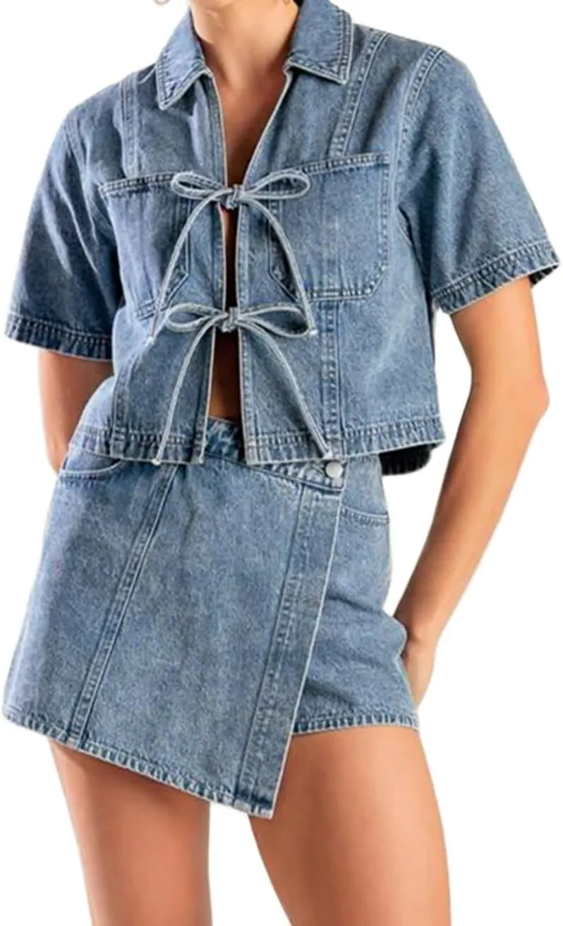 Faretumiya 2 Piece Denim Skirt Set Women Short Sleeve Vneck Crop Shirt High Waist Mini Skirt Jean Skort Set Going Out Outfit
