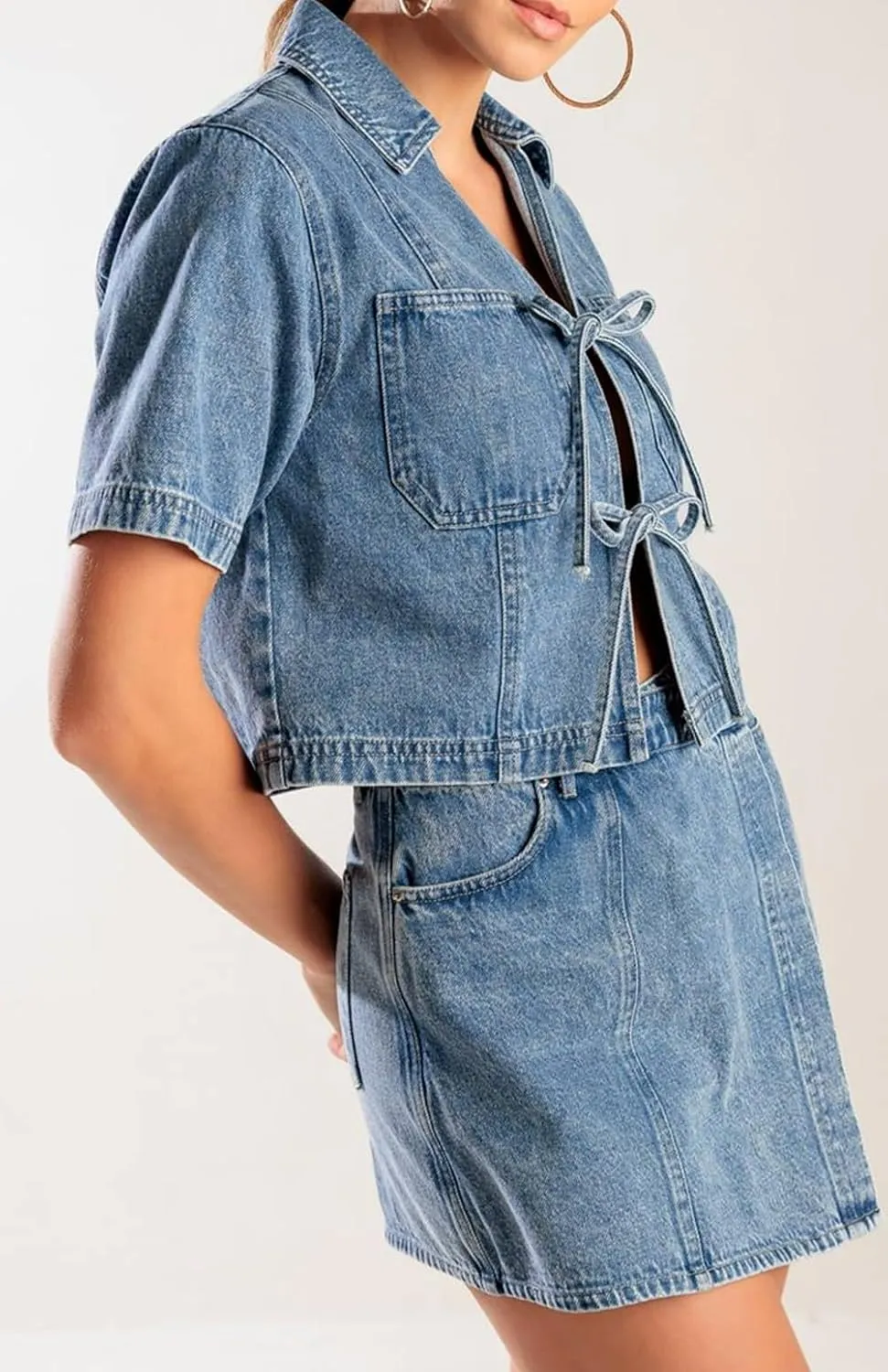 Faretumiya 2 Piece Denim Skirt Set Women Short Sleeve Vneck Crop Shirt High Waist Mini Skirt Jean Skort Set Going Out Outfit