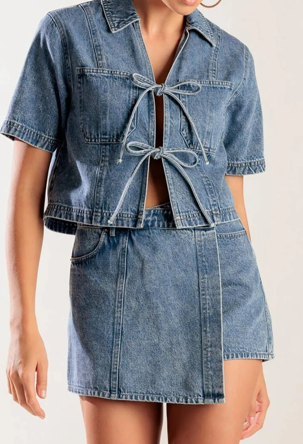 Faretumiya 2 Piece Denim Skirt Set Women Short Sleeve Vneck Crop Shirt High Waist Mini Skirt Jean Skort Set Going Out Outfit