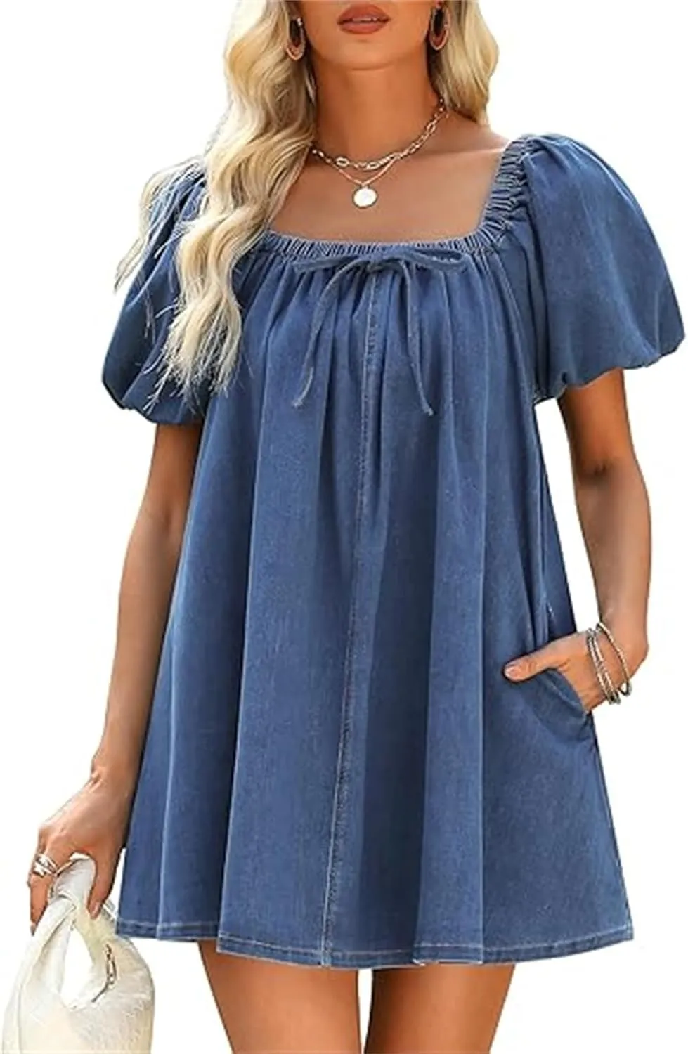 Faretumiya Women Denim Mini Dress Flowy Puff Short Sleeve Babydoll Y2k Ruffle Bow Tie Going Out Short Party Jean Dress