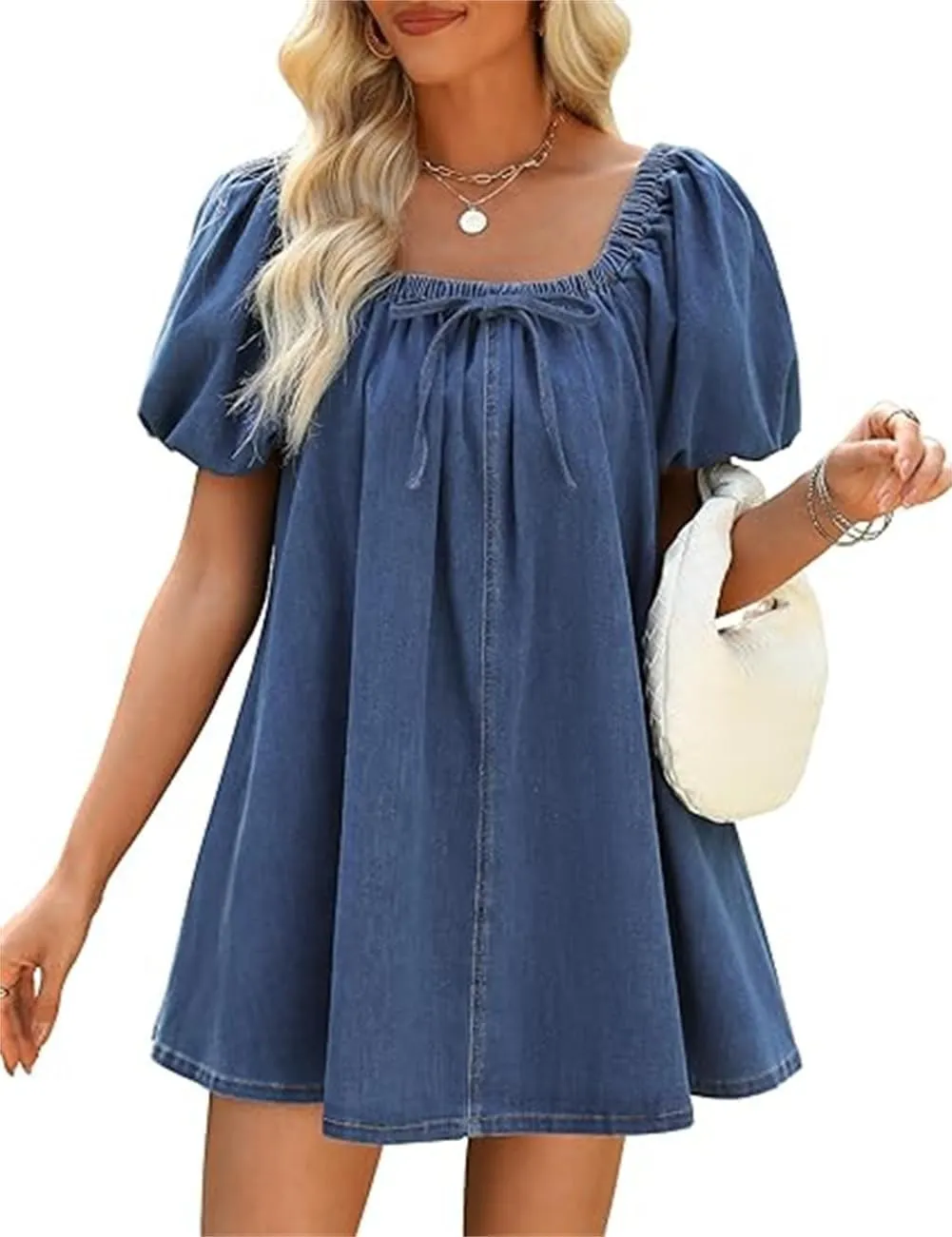 Faretumiya Women Denim Mini Dress Flowy Puff Short Sleeve Babydoll Y2k Ruffle Bow Tie Going Out Short Party Jean Dress