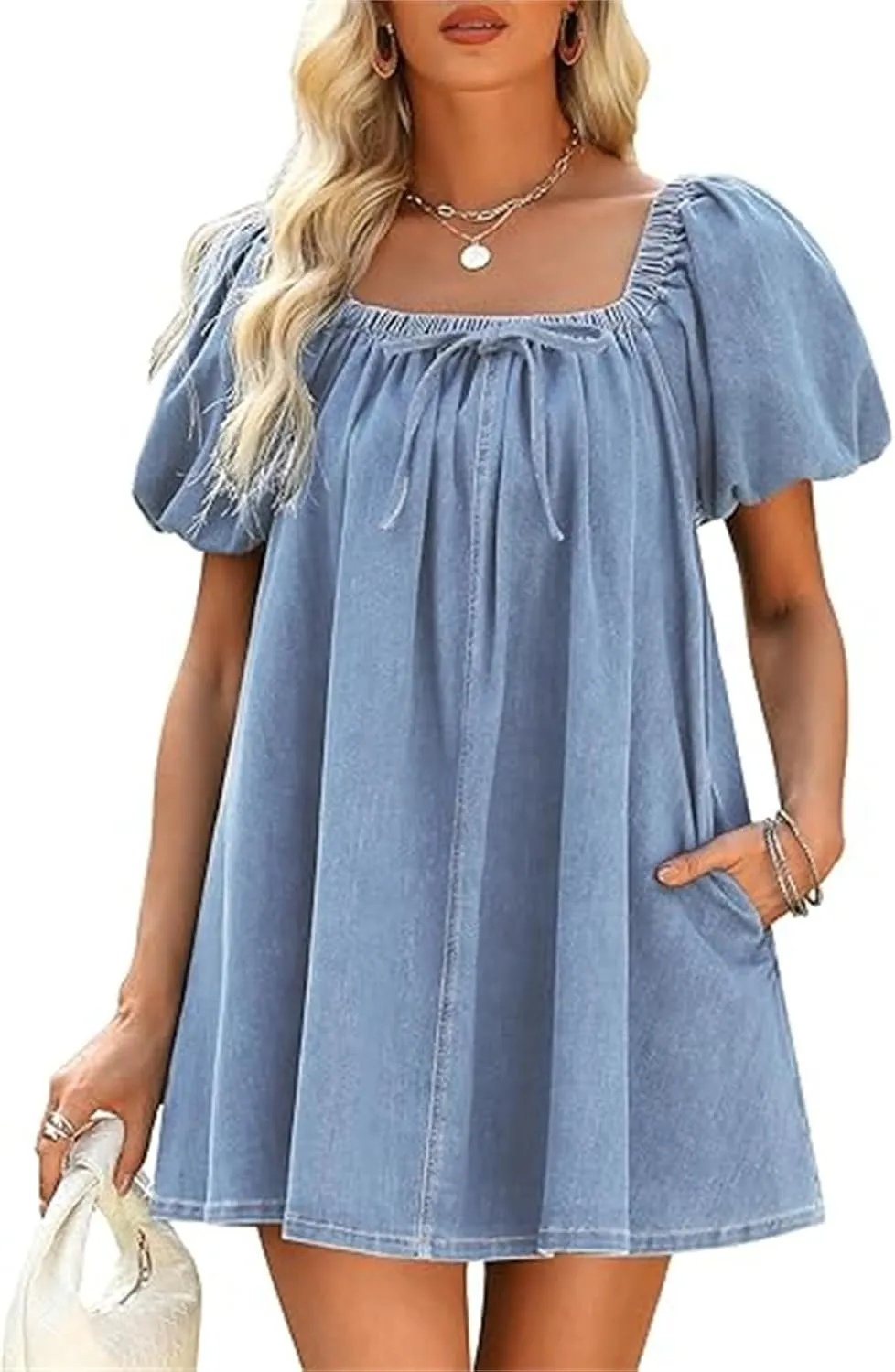 Faretumiya Women Denim Mini Dress Flowy Puff Short Sleeve Babydoll Y2k Ruffle Bow Tie Going Out Short Party Jean Dress