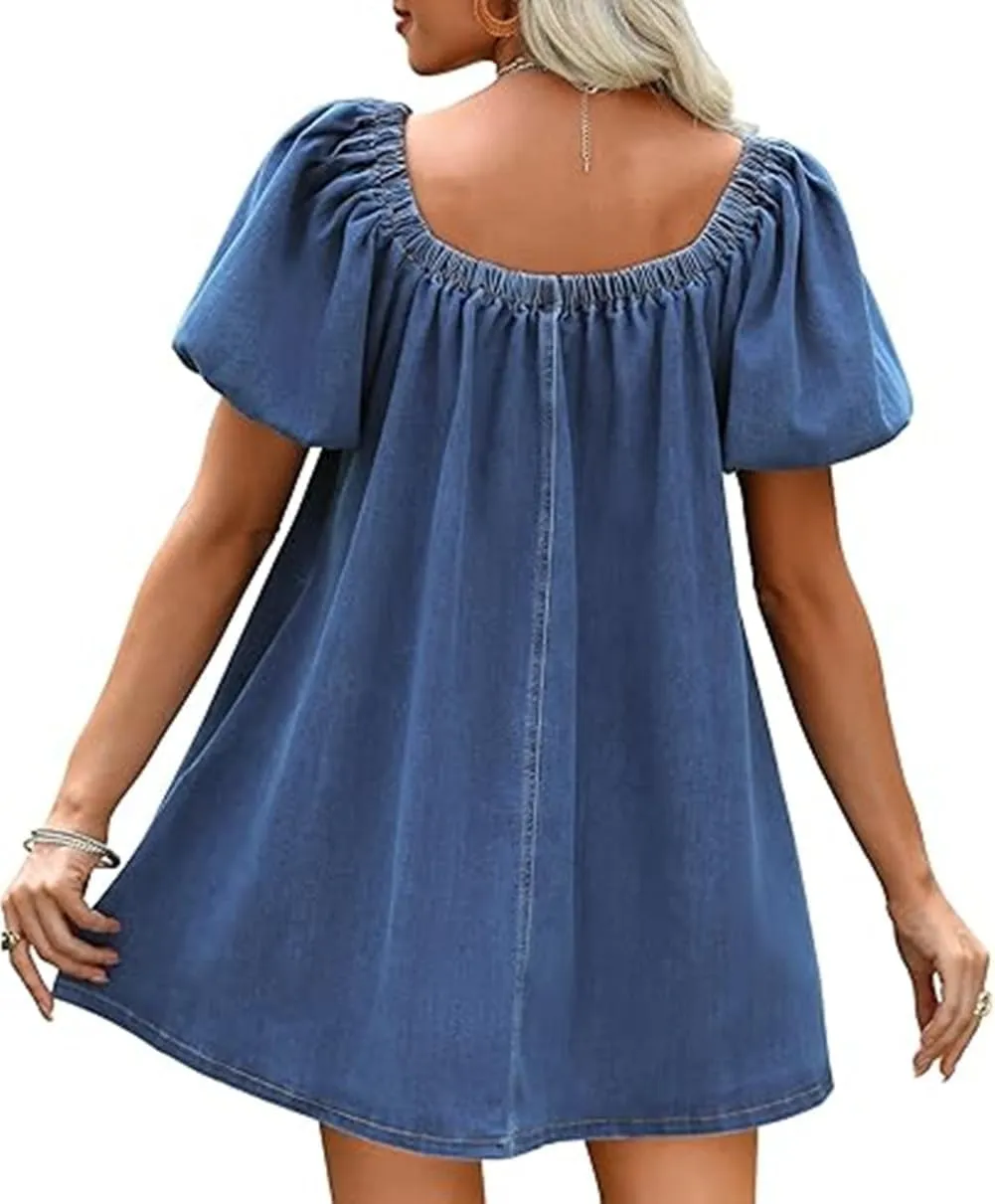 Faretumiya Women Denim Mini Dress Flowy Puff Short Sleeve Babydoll Y2k Ruffle Bow Tie Going Out Short Party Jean Dress