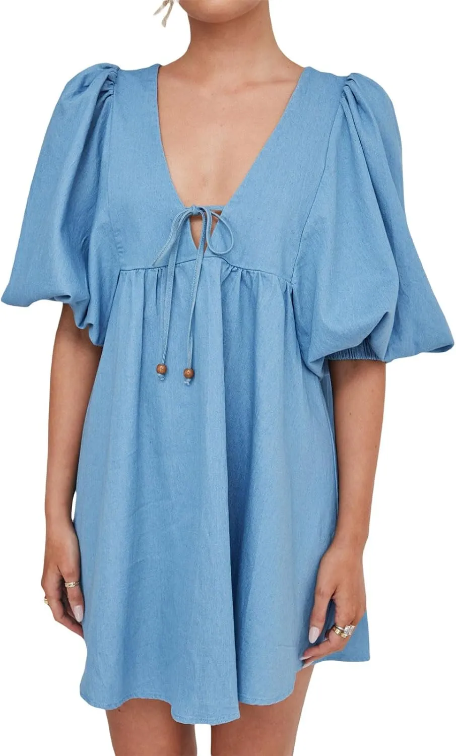 Faretumiya Women Denim Mini Dress Flowy Puff Short Sleeve Babydoll Y2k Ruffle Bow Tie Going Out Short Party Jean Dress