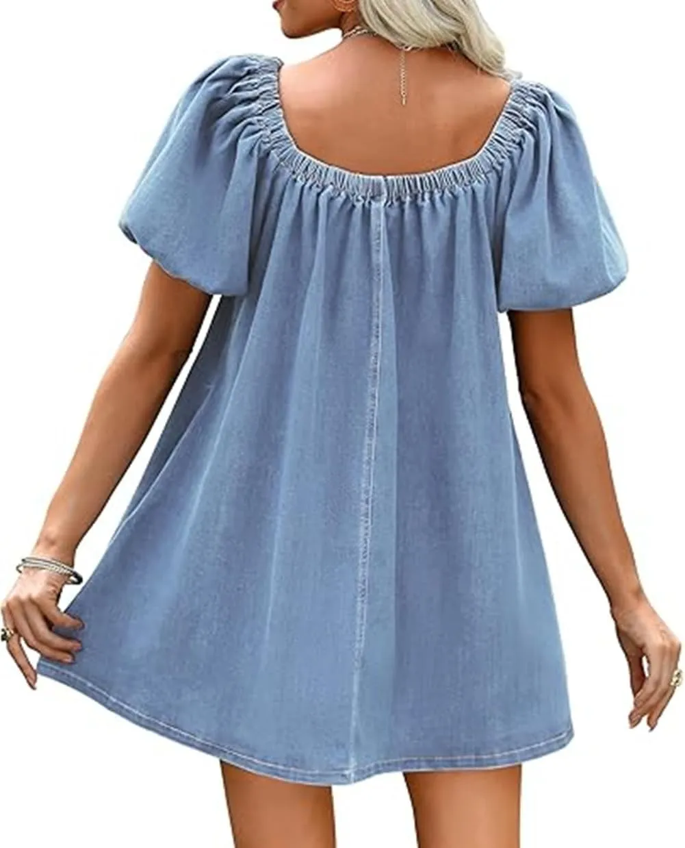 Faretumiya Women Denim Mini Dress Flowy Puff Short Sleeve Babydoll Y2k Ruffle Bow Tie Going Out Short Party Jean Dress