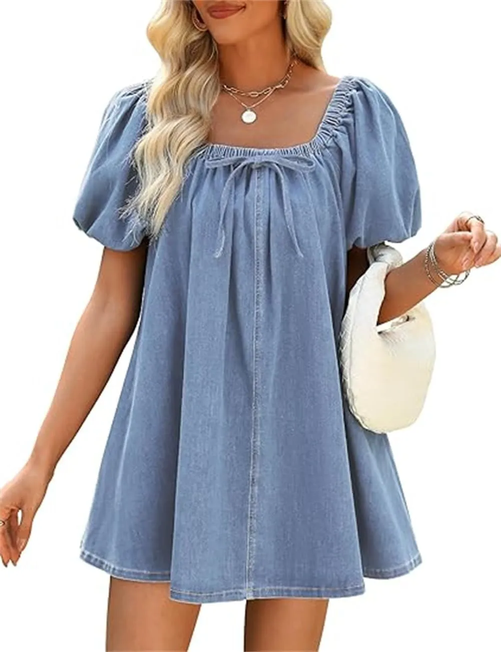 Faretumiya Women Denim Mini Dress Flowy Puff Short Sleeve Babydoll Y2k Ruffle Bow Tie Going Out Short Party Jean Dress