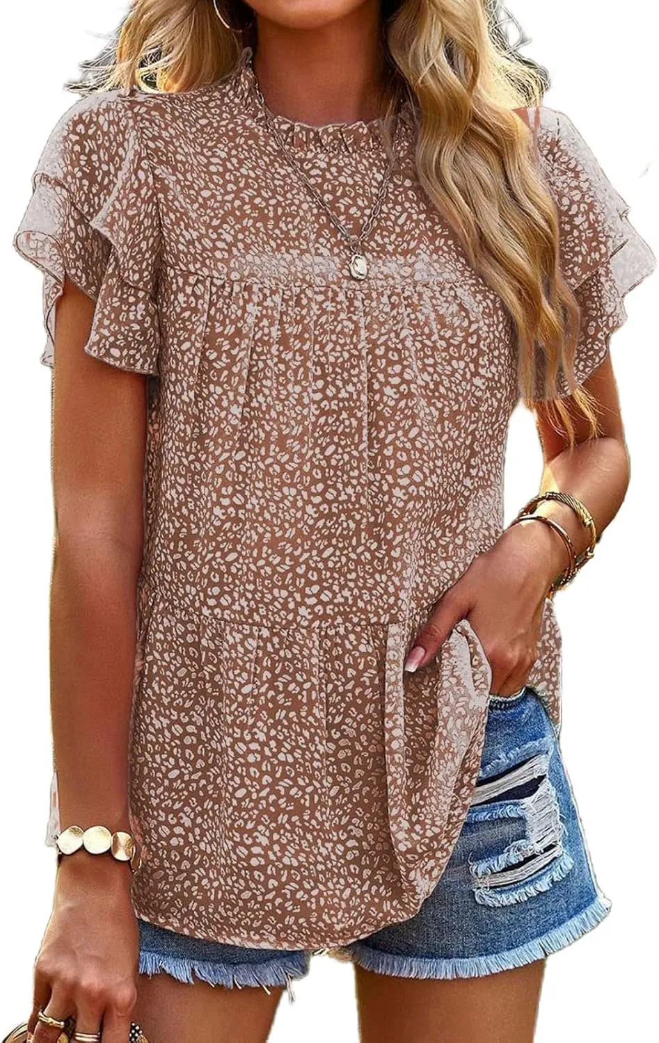 Floral Chiffon Blouses for Women Ruffle Short Sleeve Mock Neck Top Loose Babydoll Shirt Boho Summer T Shirts