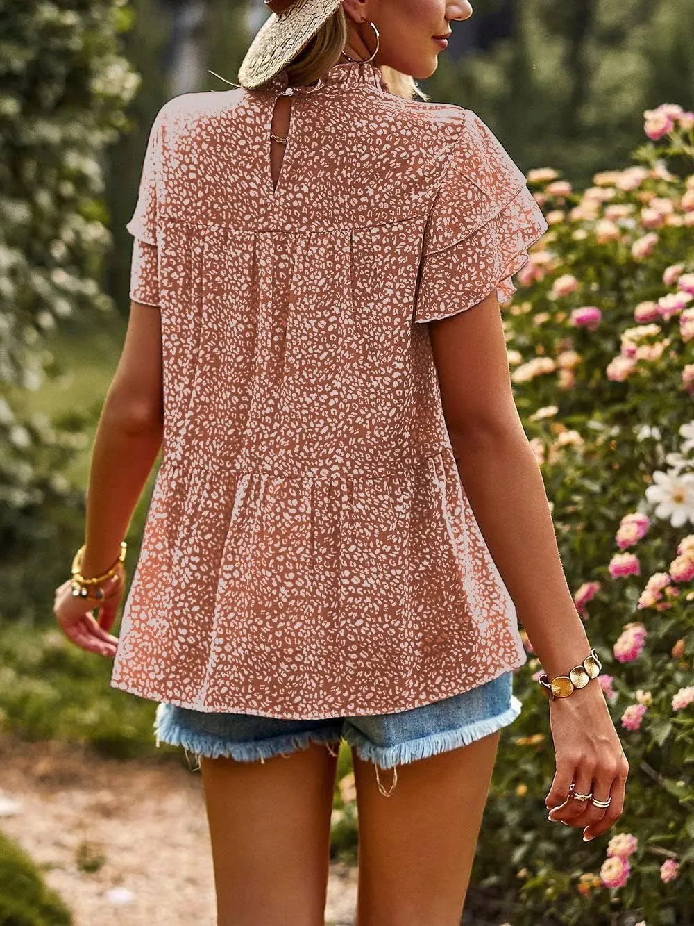 Floral Chiffon Blouses for Women Ruffle Short Sleeve Mock Neck Top Loose Babydoll Shirt Boho Summer T Shirts