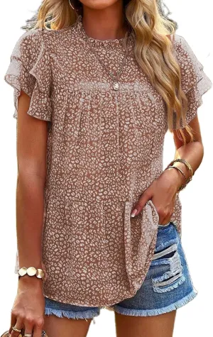 Floral Chiffon Blouses for Women Ruffle Short Sleeve Mock Neck Top Loose Babydoll Shirt Boho Summer T Shirts