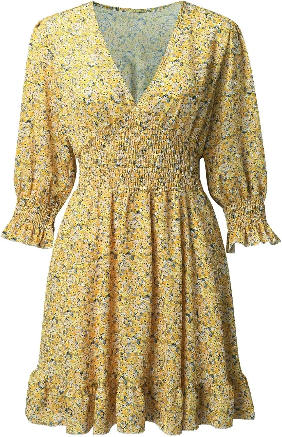 Floral Dress for Women Long Sleeve V Neck Smocked Mini Dress High Waist Ruffle Hem Beach Dress Short Summer Dresses