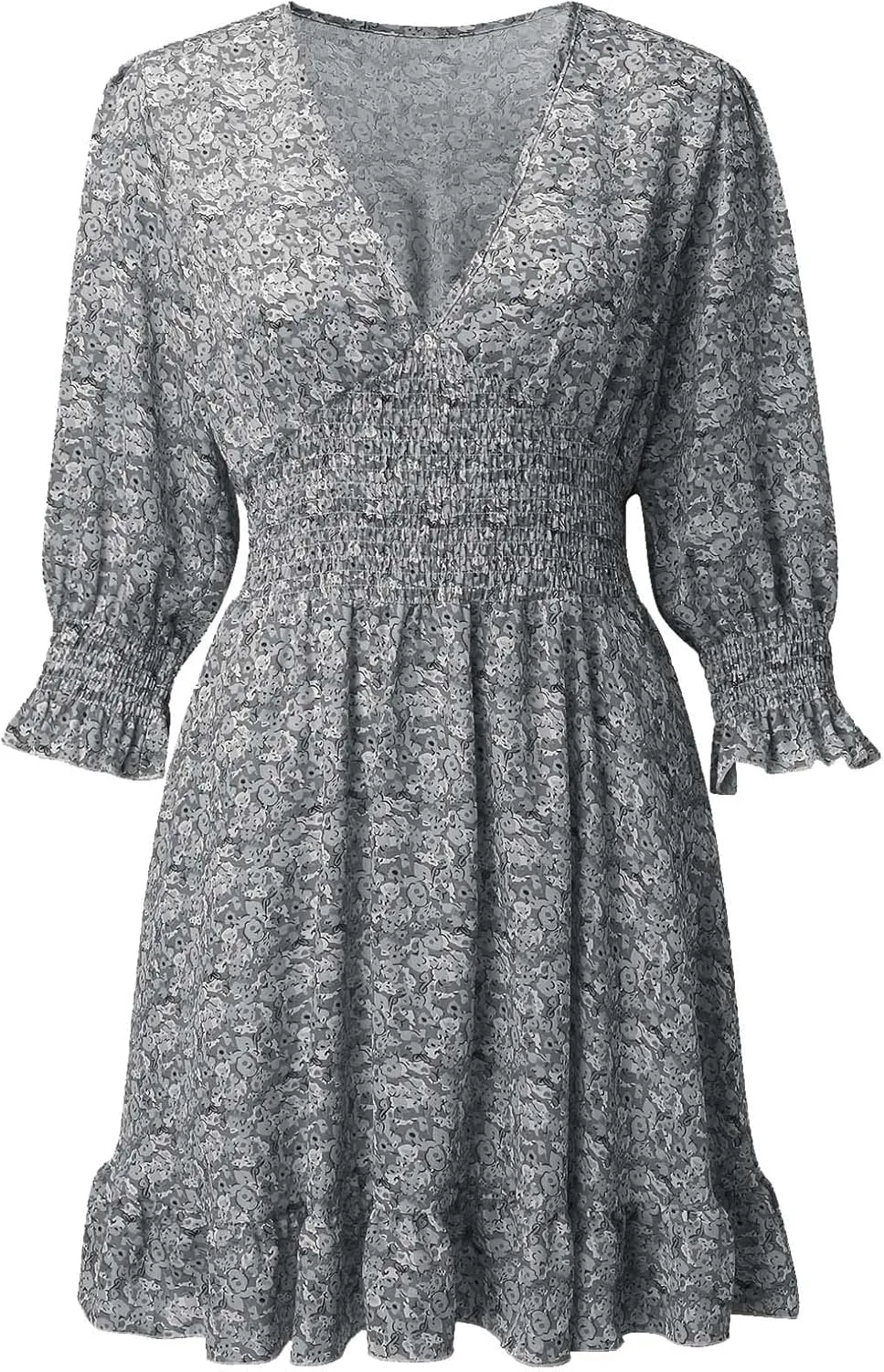 Floral Dress for Women Long Sleeve V Neck Smocked Mini Dress High Waist Ruffle Hem Beach Dress Short Summer Dresses