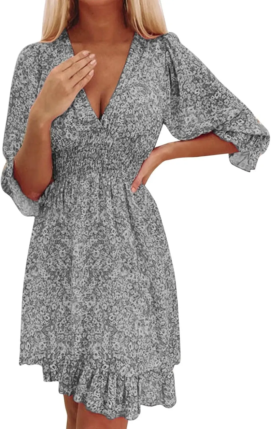 Floral Dress for Women Long Sleeve V Neck Smocked Mini Dress High Waist Ruffle Hem Beach Dress Short Summer Dresses