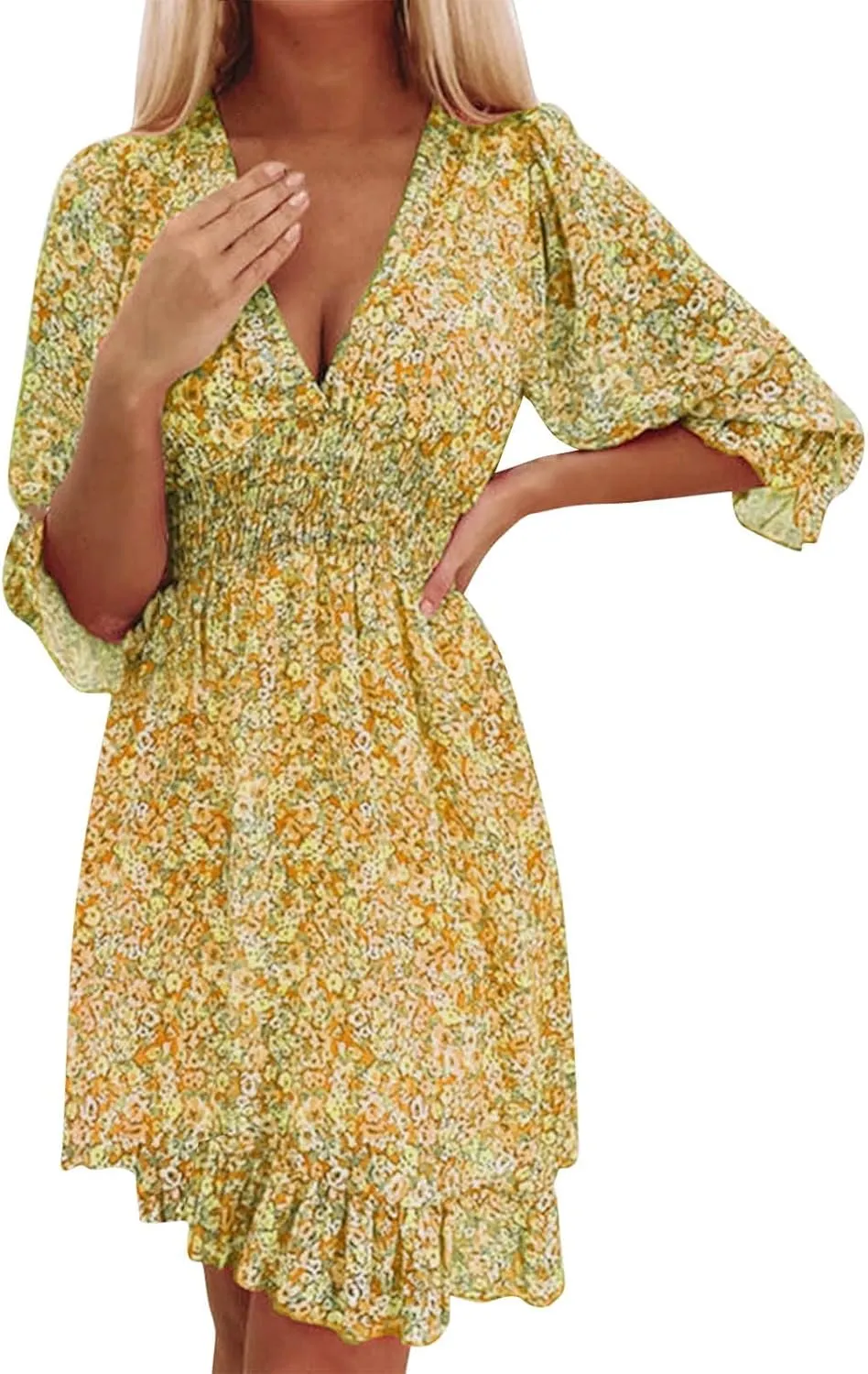 Floral Dress for Women Long Sleeve V Neck Smocked Mini Dress High Waist Ruffle Hem Beach Dress Short Summer Dresses