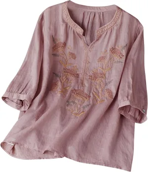 Floral Embroidery Cotton Linen Shirts Women Short Sleeve V Neck Peasant Tops Boho Ethnic Style Blouses Beach Tshirts