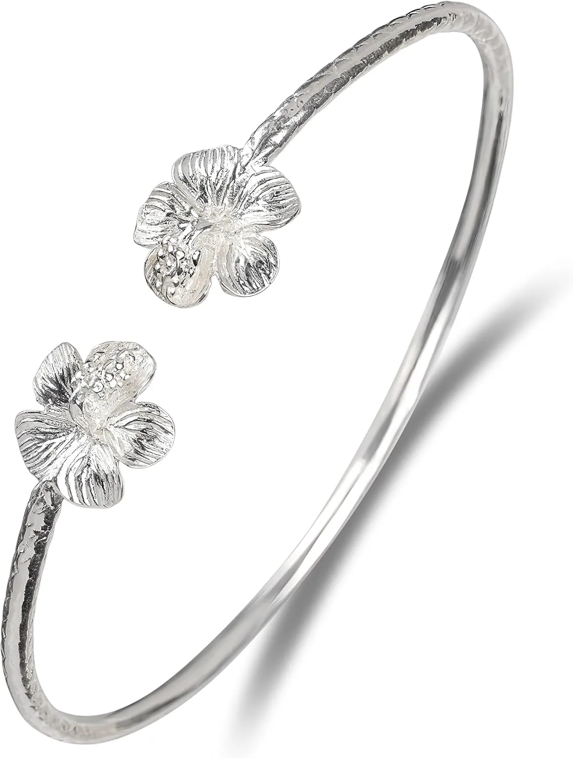 Flower Hibiscus Solid .925 Sterling Silver Bangle Cuff Bracelet Large For Women Jewelry Stretch Bracelets Friendship Gift Birthday Gifts West Indian Bangle, 1 piece