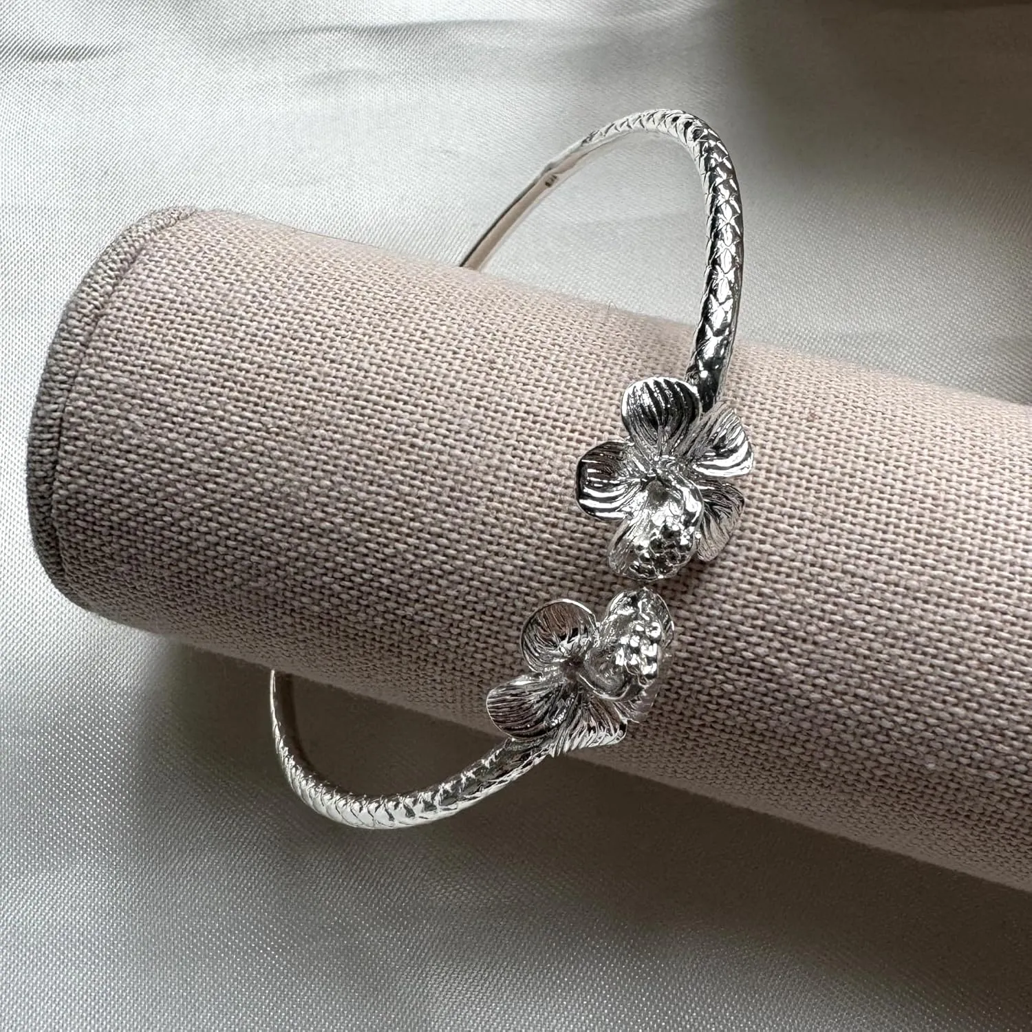 Flower Hibiscus Solid .925 Sterling Silver Bangle Cuff Bracelet Large For Women Jewelry Stretch Bracelets Friendship Gift Birthday Gifts West Indian Bangle, 1 piece