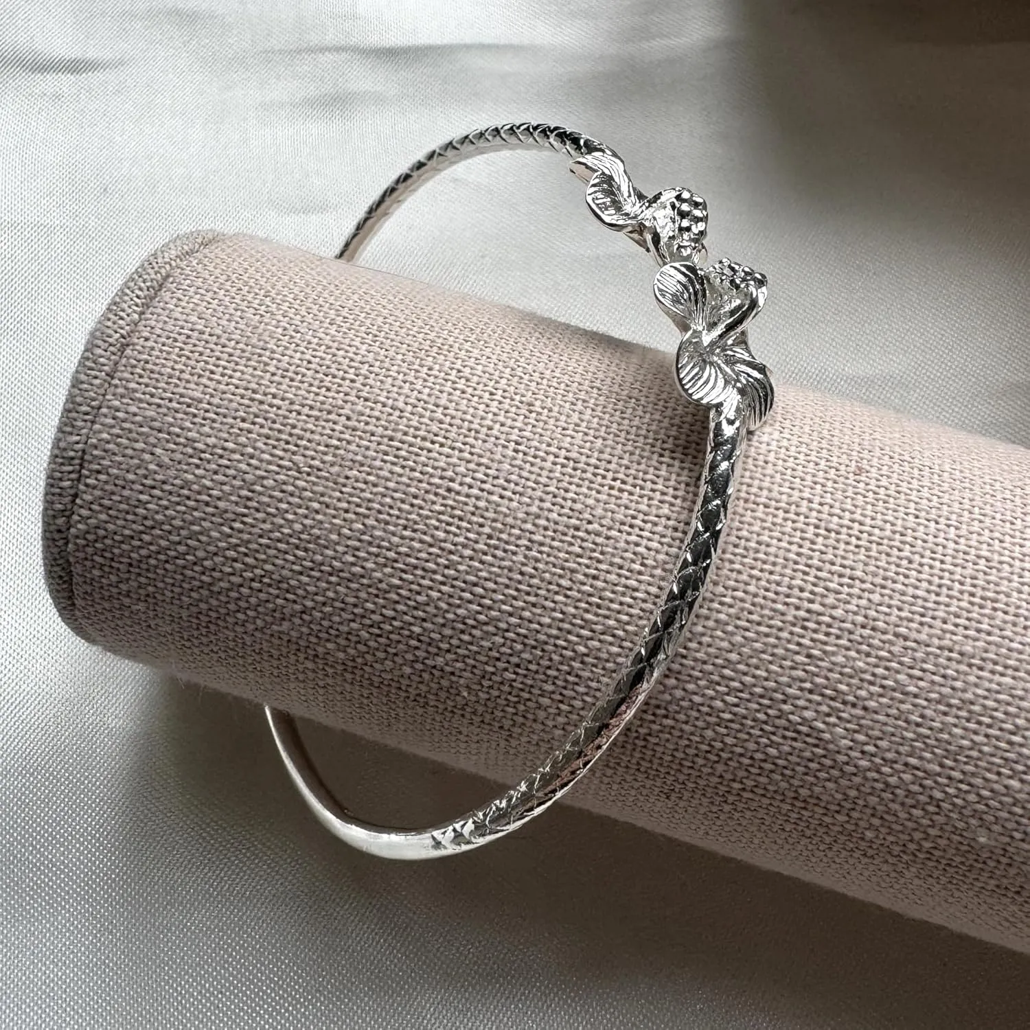 Flower Hibiscus Solid .925 Sterling Silver Bangle Cuff Bracelet Large For Women Jewelry Stretch Bracelets Friendship Gift Birthday Gifts West Indian Bangle, 1 piece