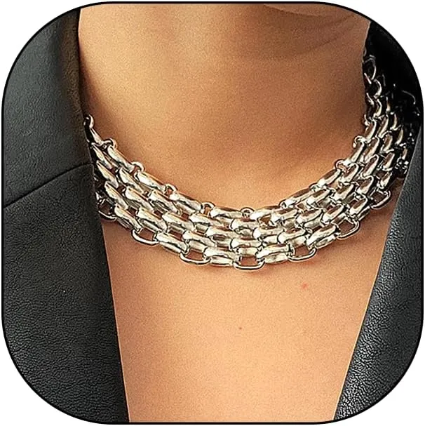 FUTIMELY Chunky Gold Statement Choker Necklace for Women Trendy Silver Link Chain Collarbone Necklace Punk Heavy Metal Necklace Concert Outfits Gift