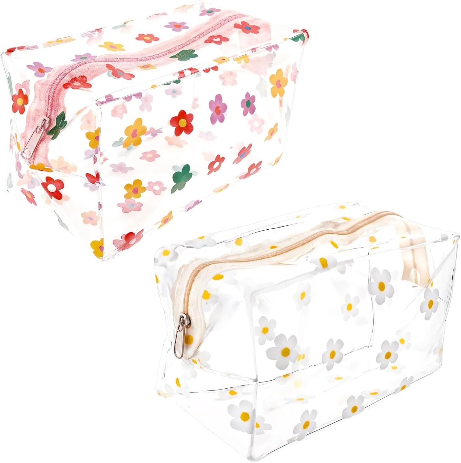 Giantree 2 Pack Cute Flower Makeup Bags, Toiletry Bag, Floral Cosmetic Bag, Clear Makeup Bag Daisy Zippered Pouches Portable Toiletry Bags for Women Travel Vacation Bathroom Organizing