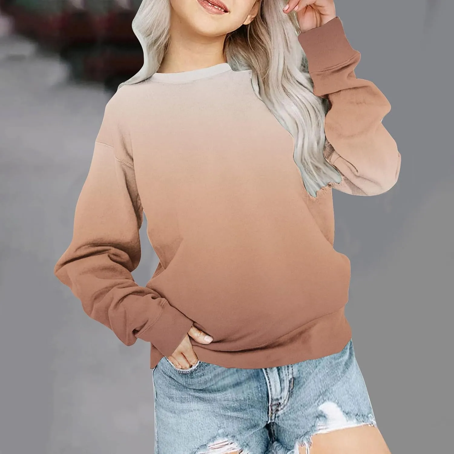 Girls and Boys Gradient Sweatshirt Crewneck Pullover Fleece Lined Sweatshirts Fashion Blouses Long Sleeve Shirt