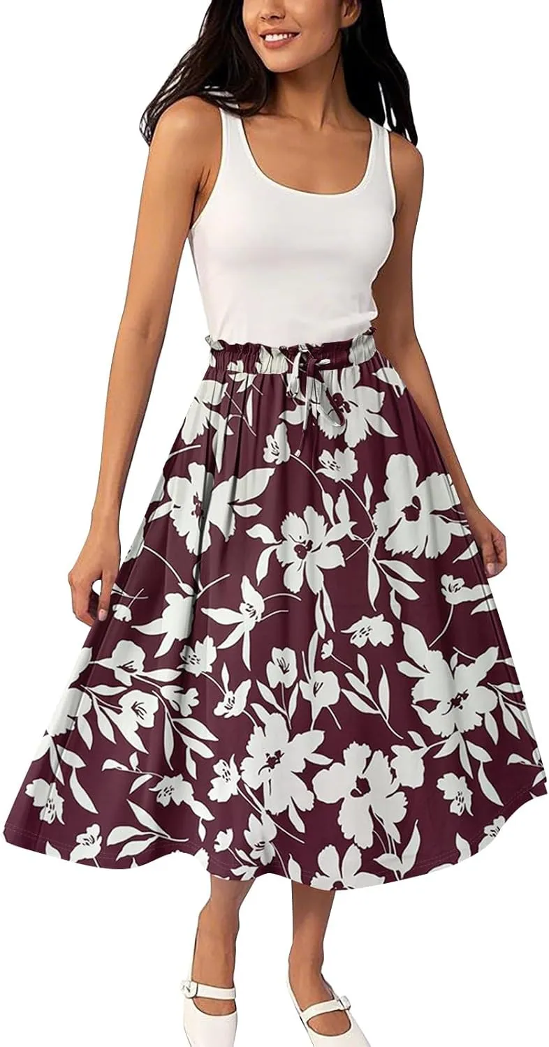 GOFULY Womens Skirts Midi Length Elastic Waist Casual Fall Floral Print A-Line Knee Skirts Drawstring Pleated Skirt