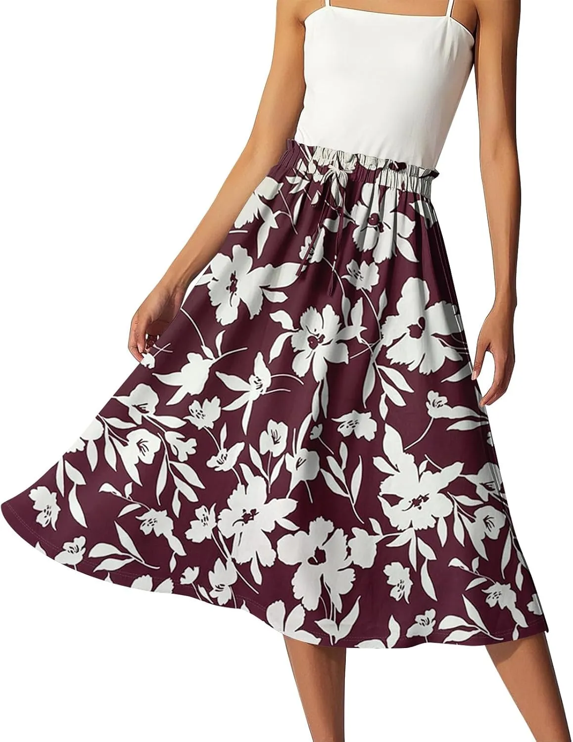 GOFULY Womens Skirts Midi Length Elastic Waist Casual Fall Floral Print A-Line Knee Skirts Drawstring Pleated Skirt