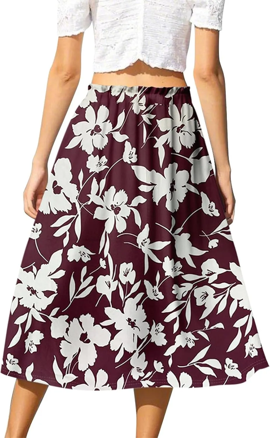 GOFULY Womens Skirts Midi Length Elastic Waist Casual Fall Floral Print A-Line Knee Skirts Drawstring Pleated Skirt
