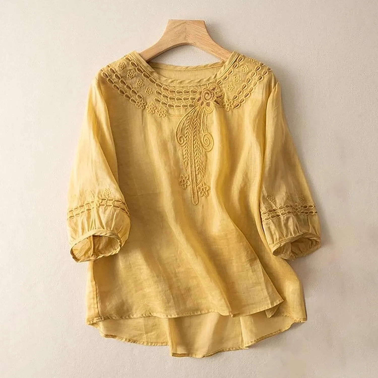 GOKKILRW Womens Floral Embroidered Tops Cotton Linen Shirts Boho Ethnic Style Peasant Blouses 3/4 Sleeve V Neck Gauze Tshirts