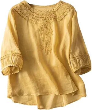 GOKKILRW Womens Floral Embroidered Tops Cotton Linen Shirts Boho Ethnic Style Peasant Blouses 3/4 Sleeve V Neck Gauze Tshirts