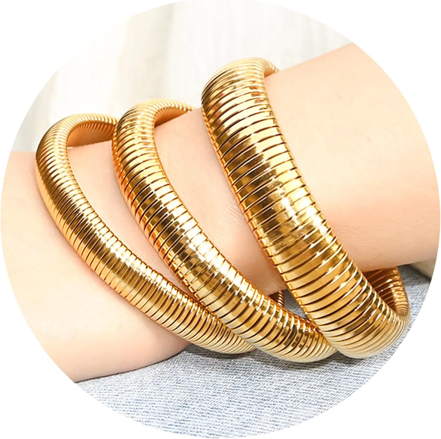 Gold Bangles for Women and Men - Stainless Steel Snake Chain Bracelet, Flex Stretch Wristband, Irregular Cuff, Chunky Bangle - Non-Tarnish