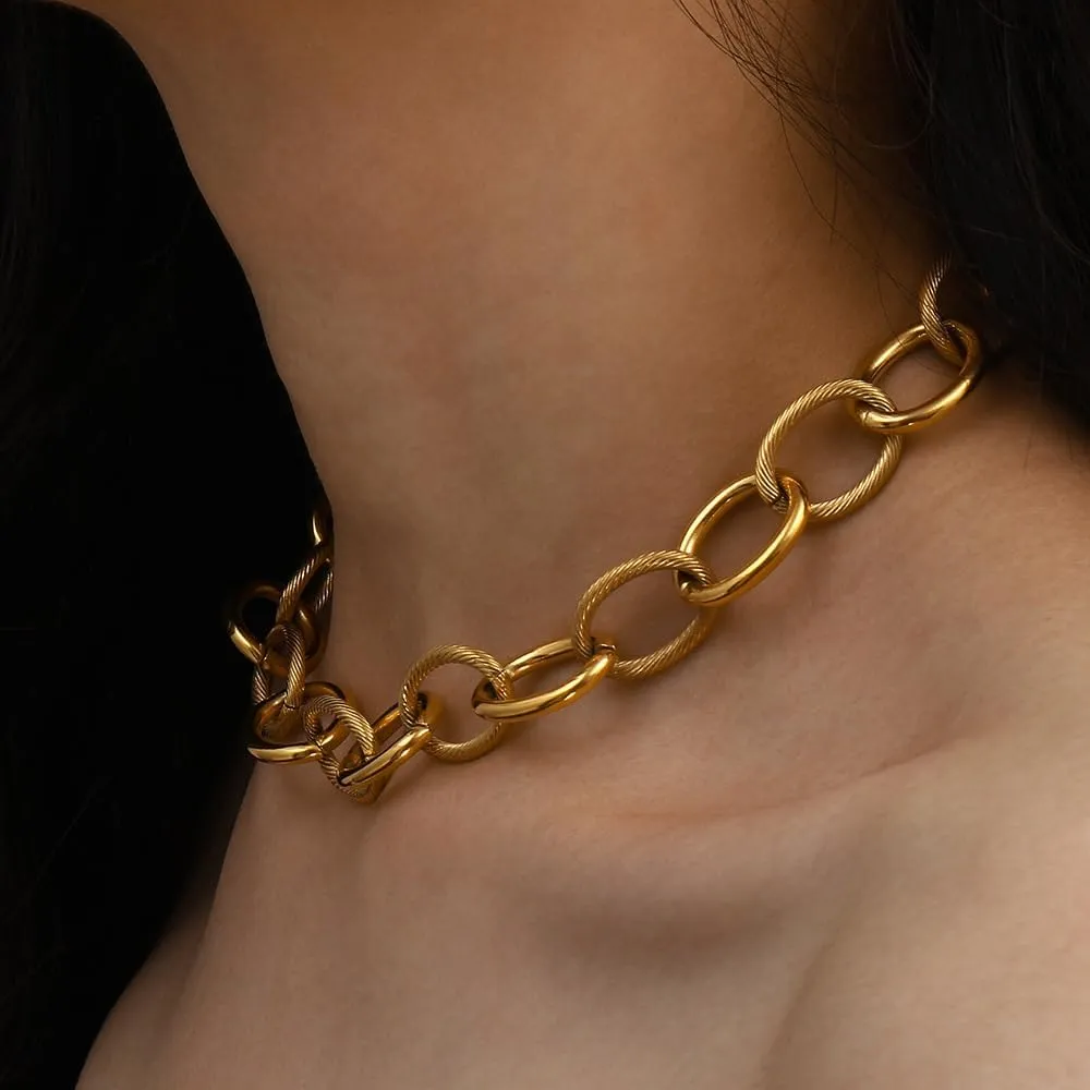 Gold Chunky Necklace and Bracelets Set 14K Gold Plated Statement Necklaces for Women Silver Chunky Necklace Punk Cuban Choker Necklaces Fashion Cuban Chain Hip-hop Jewelry