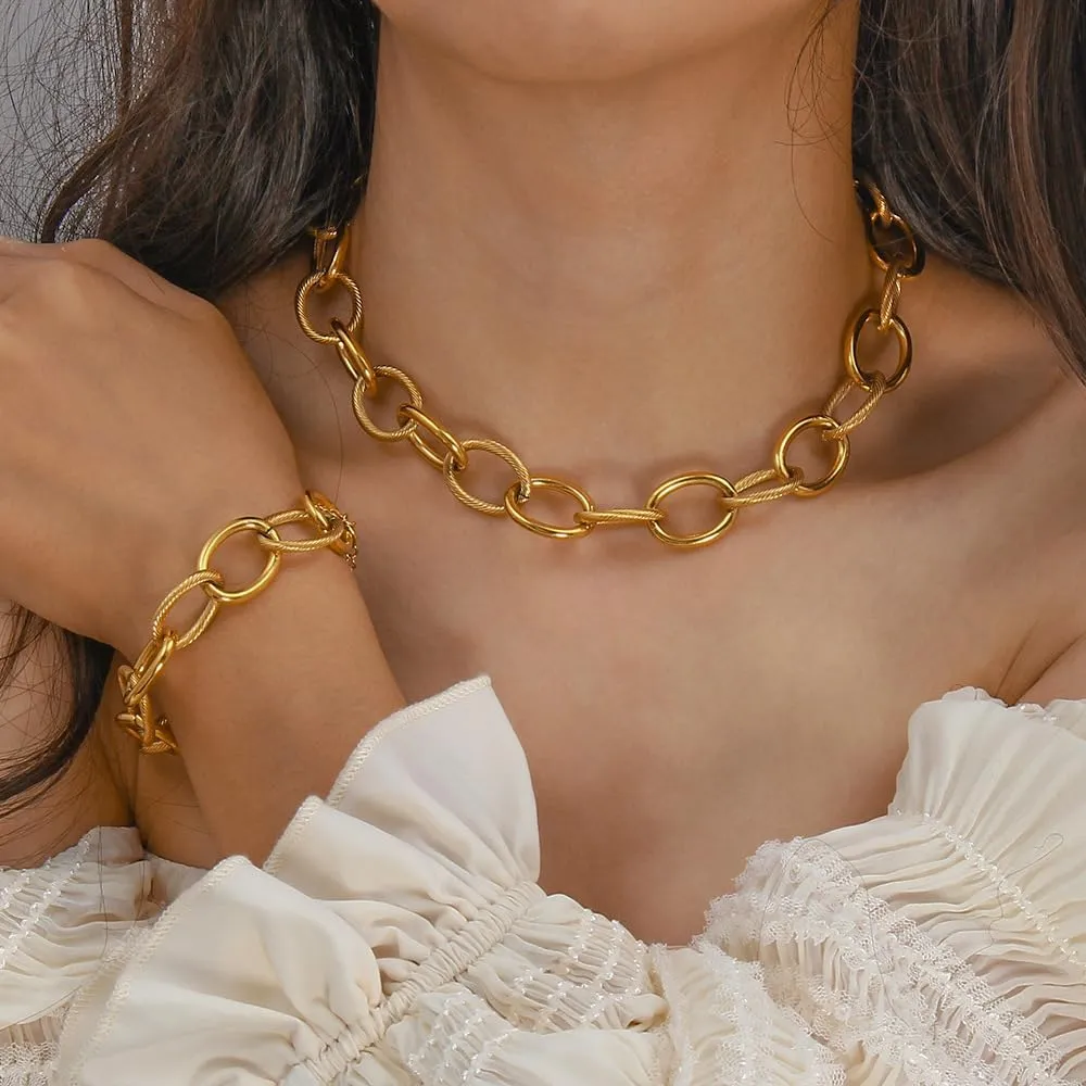 Gold Chunky Necklace and Bracelets Set 14K Gold Plated Statement Necklaces for Women Silver Chunky Necklace Punk Cuban Choker Necklaces Fashion Cuban Chain Hip-hop Jewelry