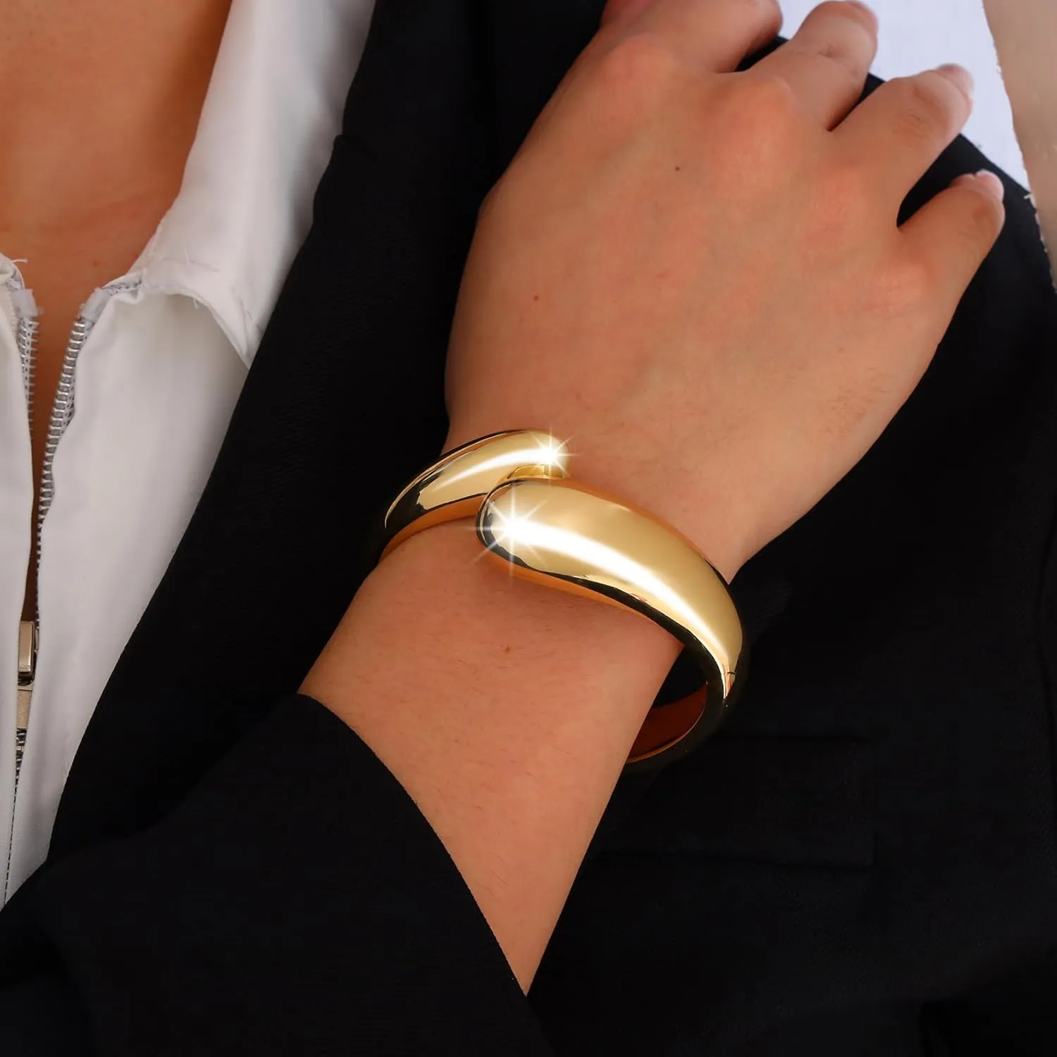 Gold Open Cuff Bangle Bracelet Wide Round Chunky Cuff Bracelet 18K Gold Plated