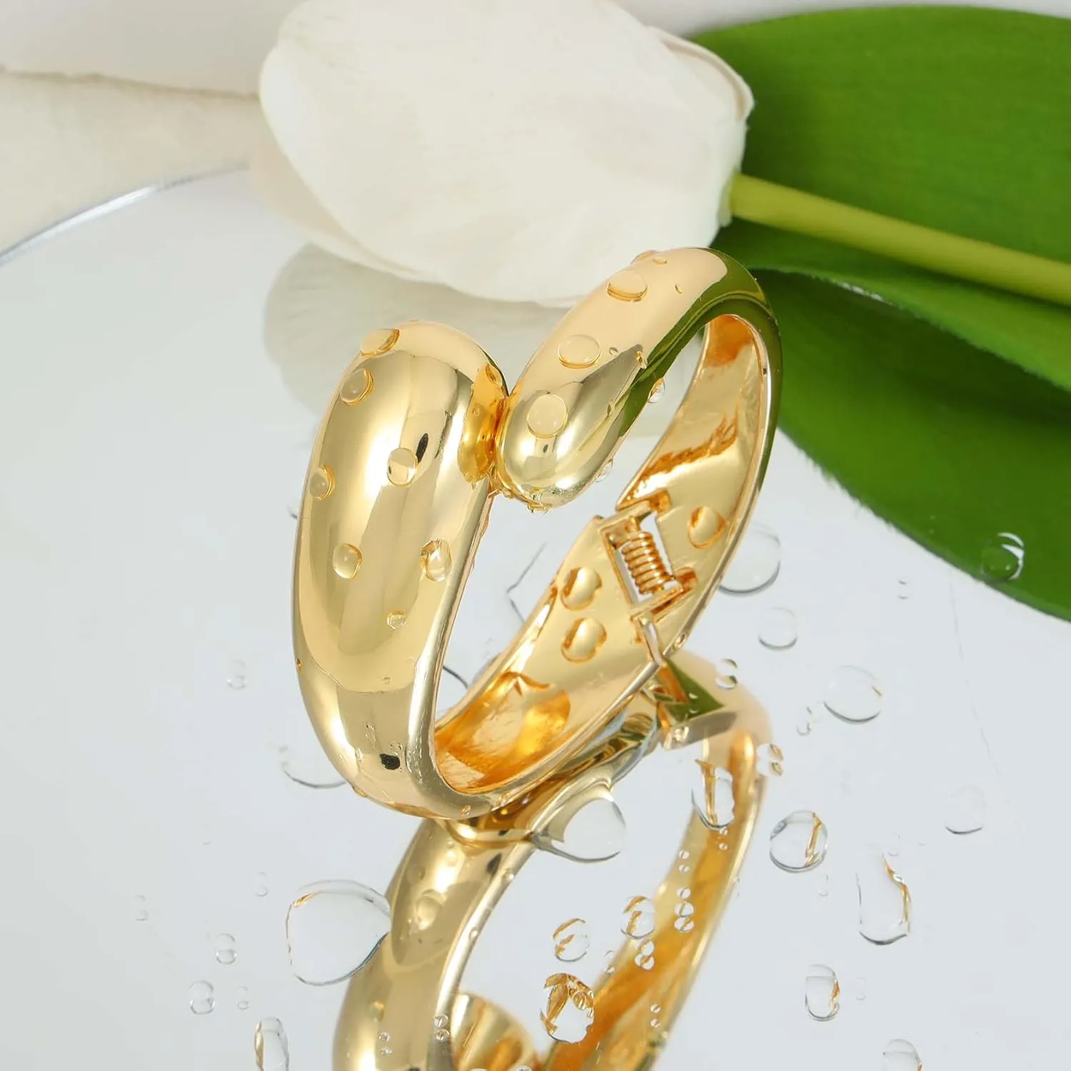 Gold Open Cuff Bangle Bracelet Wide Round Chunky Cuff Bracelet 18K Gold Plated