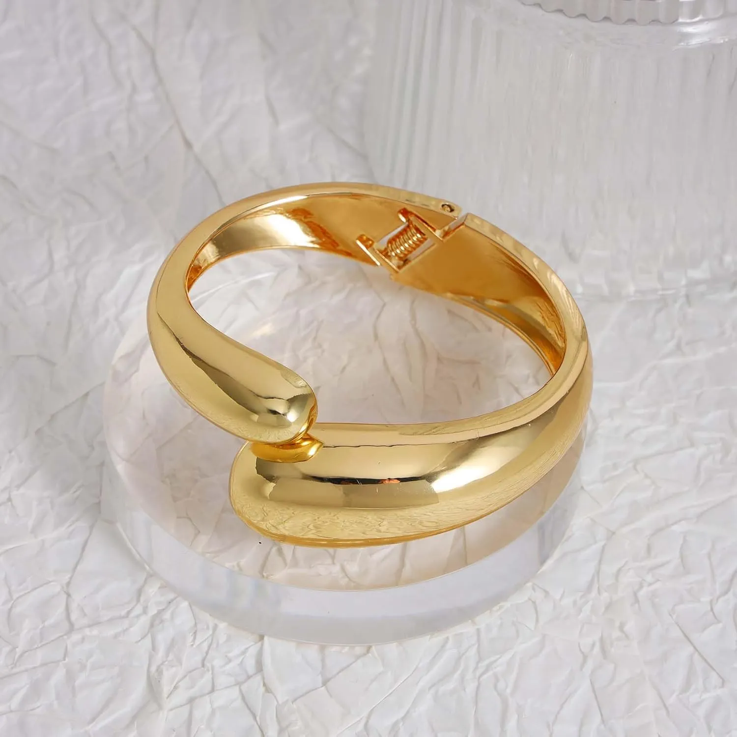 Gold Open Cuff Bangle Bracelet Wide Round Chunky Cuff Bracelet 18K Gold Plated