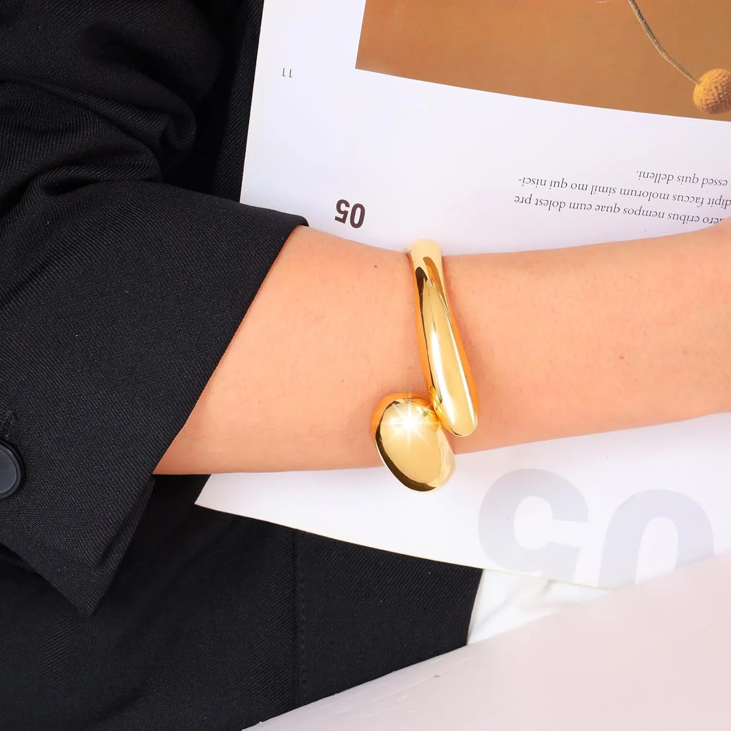 Gold Open Cuff Bangle Bracelet Wide Round Chunky Cuff Bracelet 18K Gold Plated
