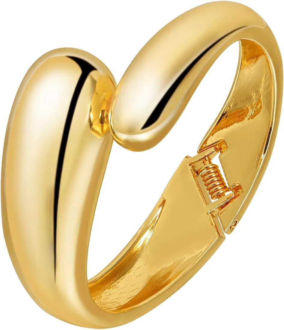 Gold Open Cuff Bangle Bracelet Wide Round Chunky Cuff Bracelet 18K Gold Plated
