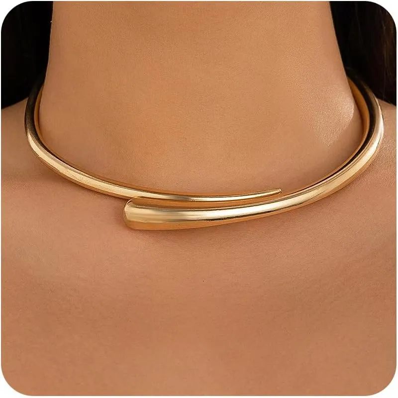 Gold Silver Chunky Choker Necklace For Women Waterdrop Choker Collar Necklace Bold Statement Necklaces Spring Hinged Open Necklaces Trendy Jewelry