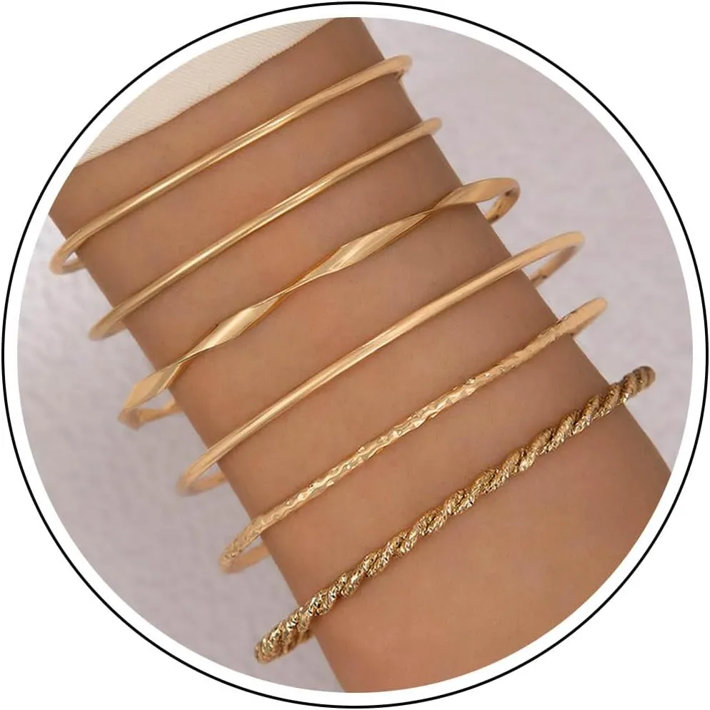Gold Tone Cuff Bangle Bracelet Set Multi Open Wrap Bangles Stacking Thin Cuff Bangles Indian Bollywood Open Cuff Bangles Adjustable Ethnic Glossy Textured Bracelets Jewelry for Women
