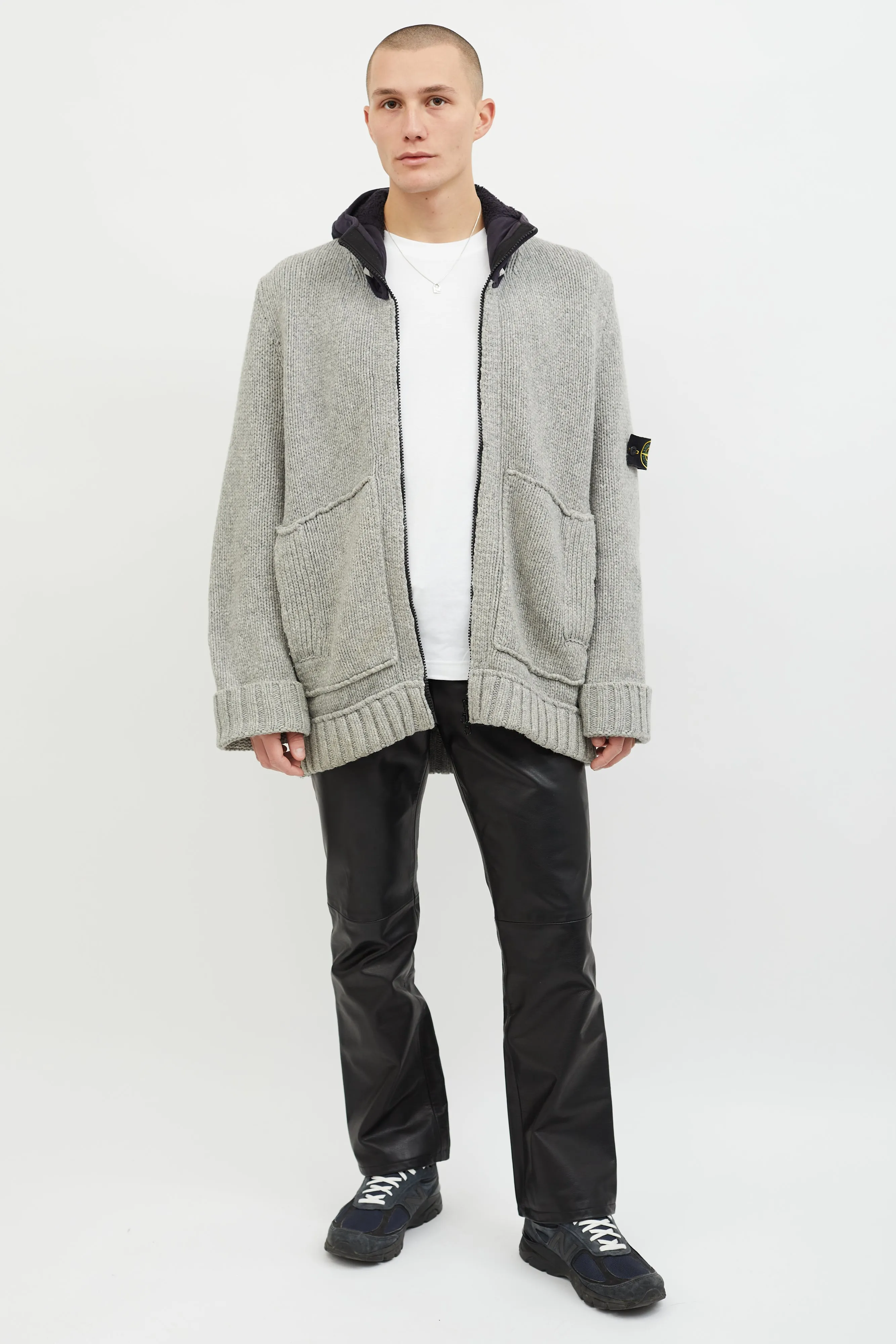 Grey & Navy Wool Hooded Zip Up Sweater
