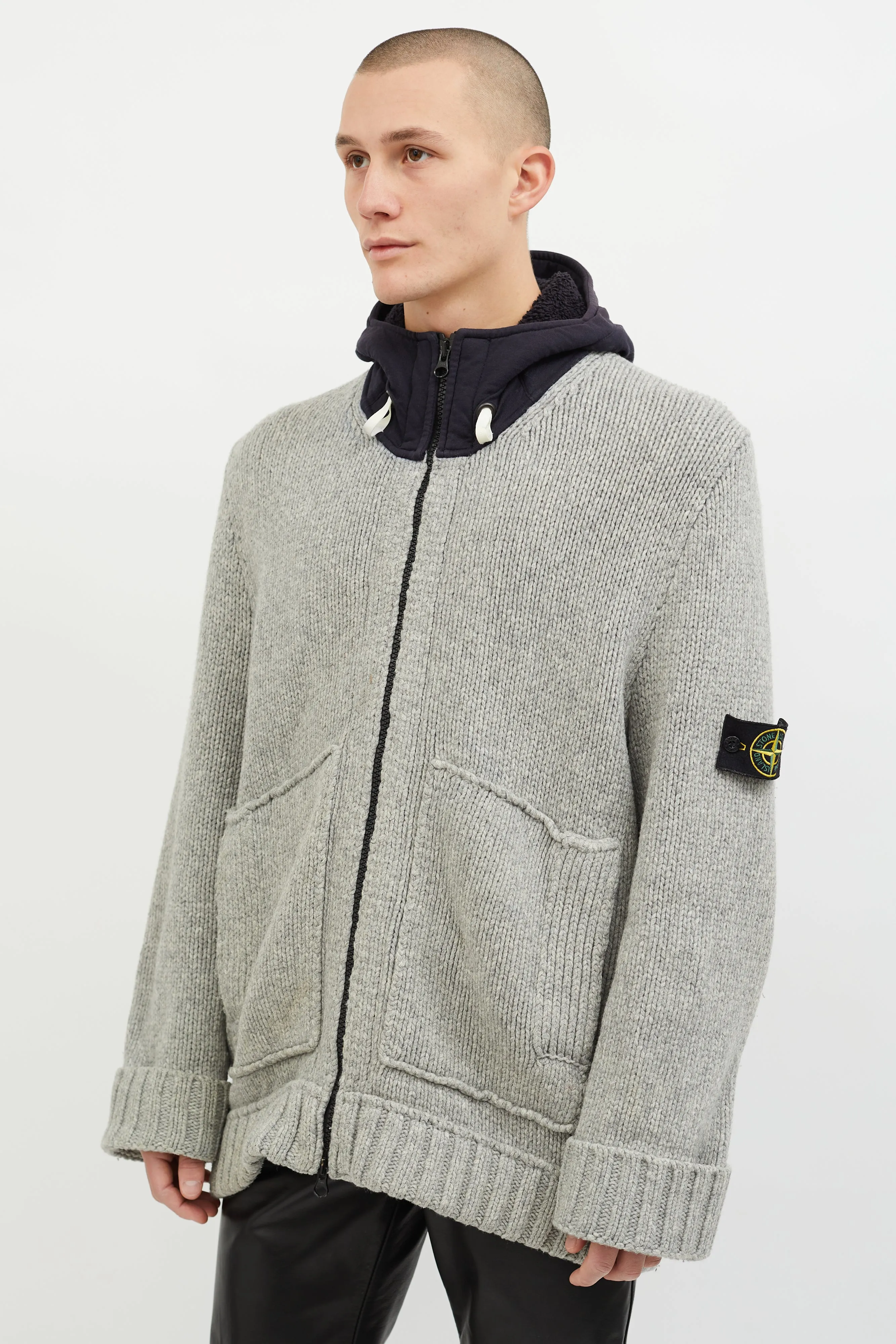 Grey & Navy Wool Hooded Zip Up Sweater