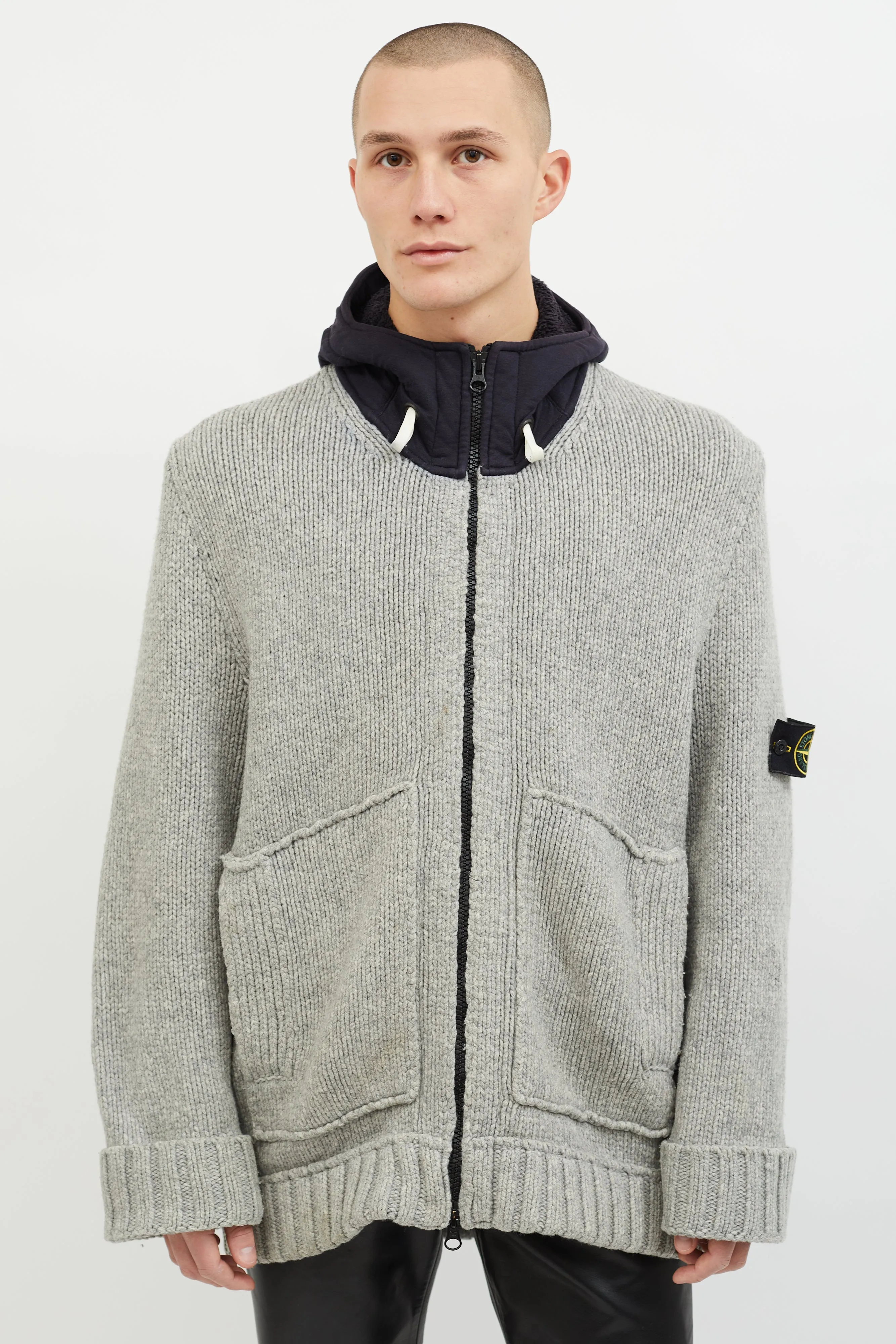 Grey & Navy Wool Hooded Zip Up Sweater
